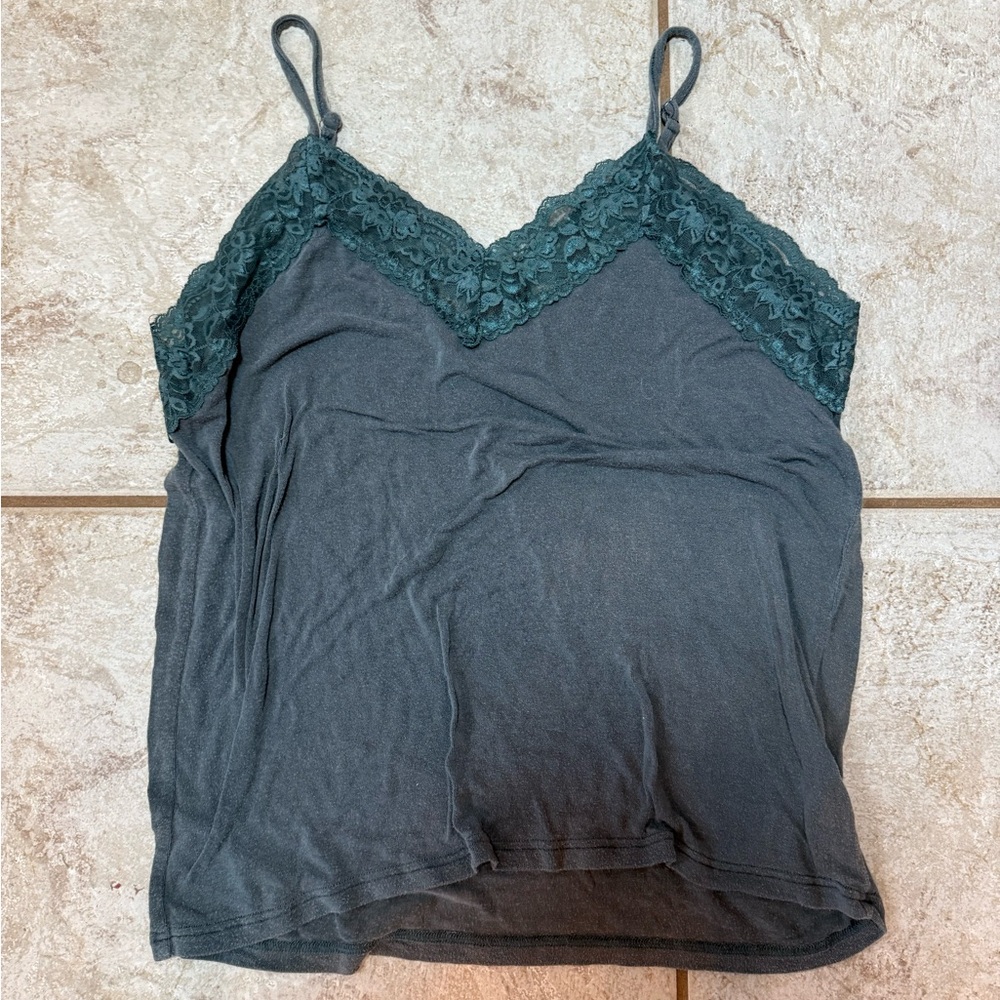 Vici Dark Gray-Green Camisole with Teal Lace Trim